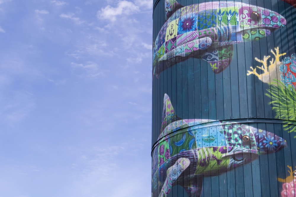 architectural photo of blue and pink building