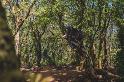 Mountain biker launching off a rugged trail jump surrounded by dense forest.