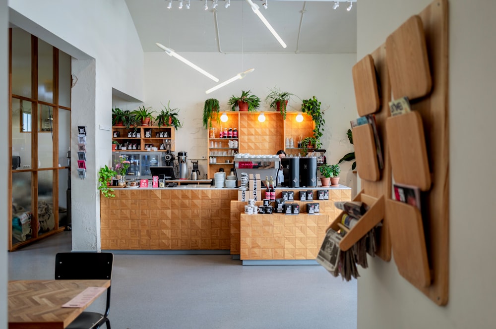 brown wooden wall rack across counter