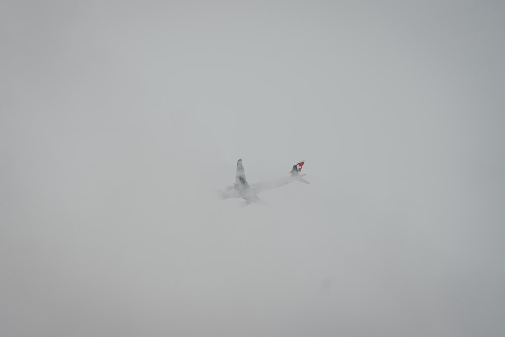 white airliner flying on sky covered fog