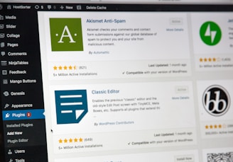 A computer screen displaying the WordPress dashboard with the Plugins section open. It shows various plugins such as Akismet Anti-Spam and Classic Editor with details like active installations, ratings, and update information. The left sidebar contains navigation options like Media, Comments, and Appearance.