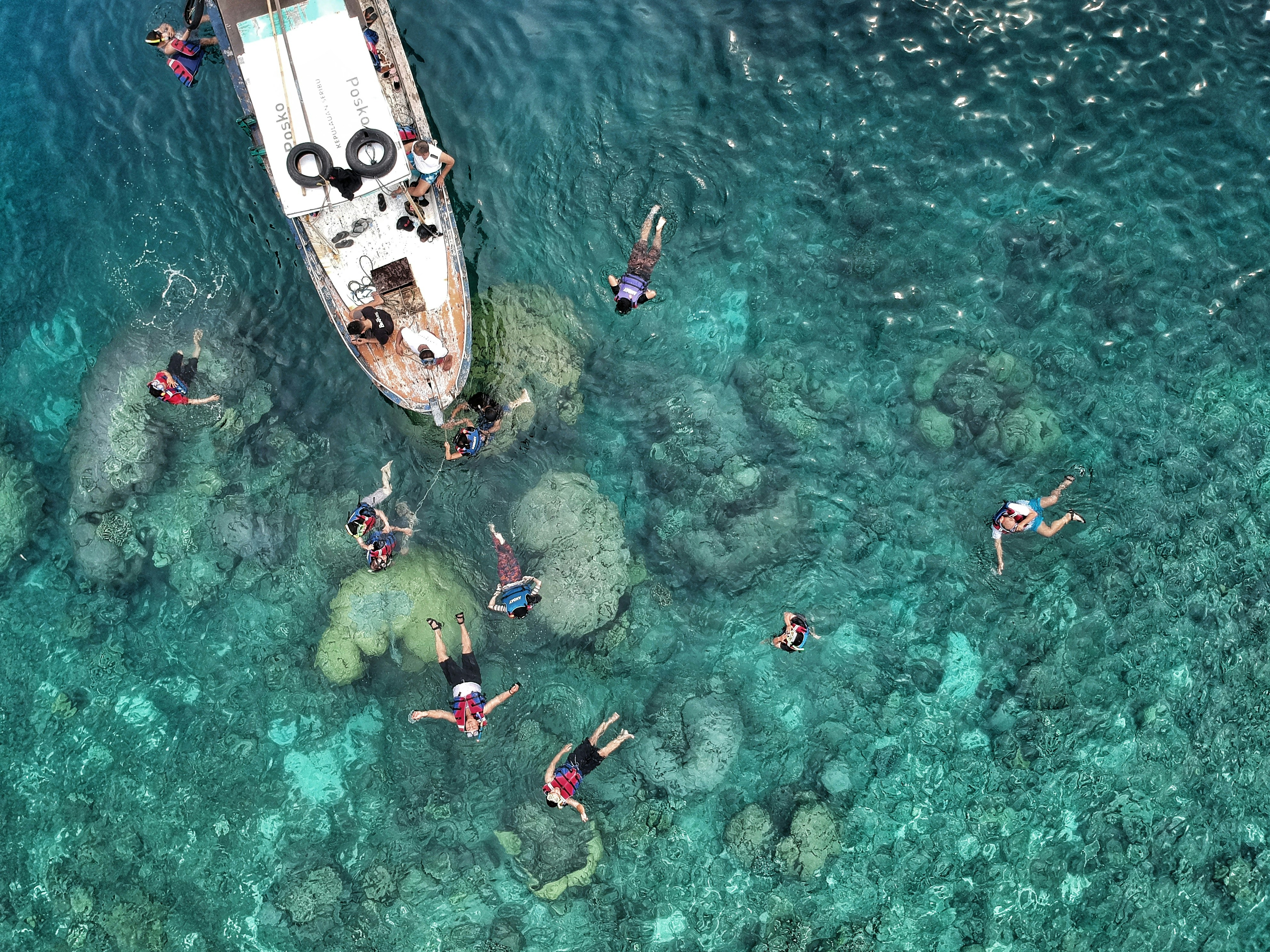 people swimming near boat, Snorkeling spot in Tidung island, Indonesia