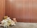 A collection of teddy bears of various sizes and colors is arranged in the corner of a room with wooden paneled walls. The plush toys range in shades from brown to white and are huddled together on a soft, brown floor.