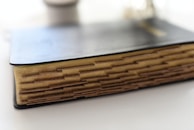A thick book with a black cover is closed and lying flat on a surface. The pages are visible, showing numerous brown tabs extending from the edges, likely for organizational purposes.