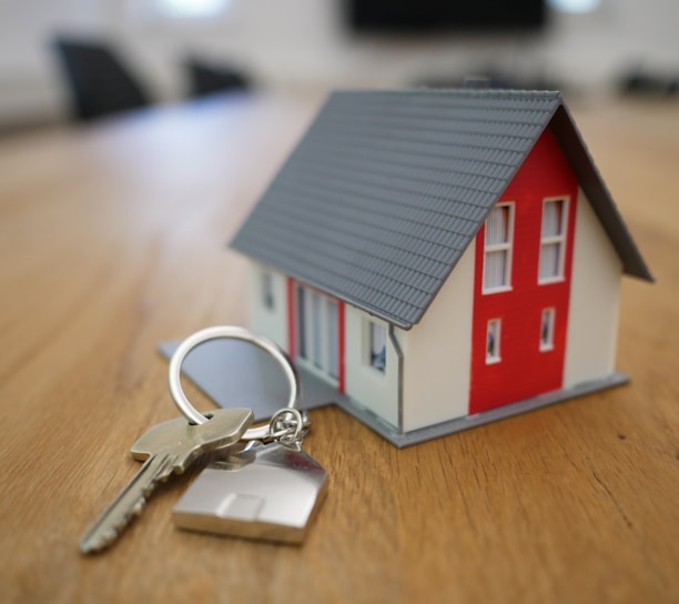 white and red wooden house miniature on brown table