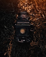 A vintage camera with a large lens is centered against a backdrop of dried, textured grass. The lighting creates a warm, nostalgic ambiance, illuminating the camera's details and casting shadows on the straw-like material.