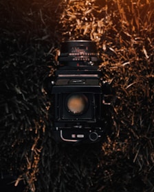 A vintage camera with a large lens is centered against a backdrop of dried, textured grass. The lighting creates a warm, nostalgic ambiance, illuminating the camera's details and casting shadows on the straw-like material.