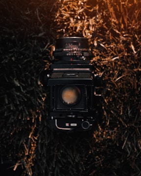 A vintage camera with a large lens is centered against a backdrop of dried, textured grass. The lighting creates a warm, nostalgic ambiance, illuminating the camera's details and casting shadows on the straw-like material.