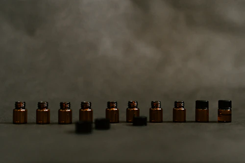 amber glass bottles of essential oil