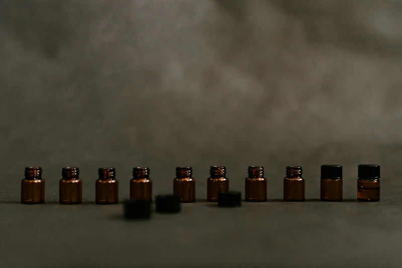 amber glass bottles of essential oil