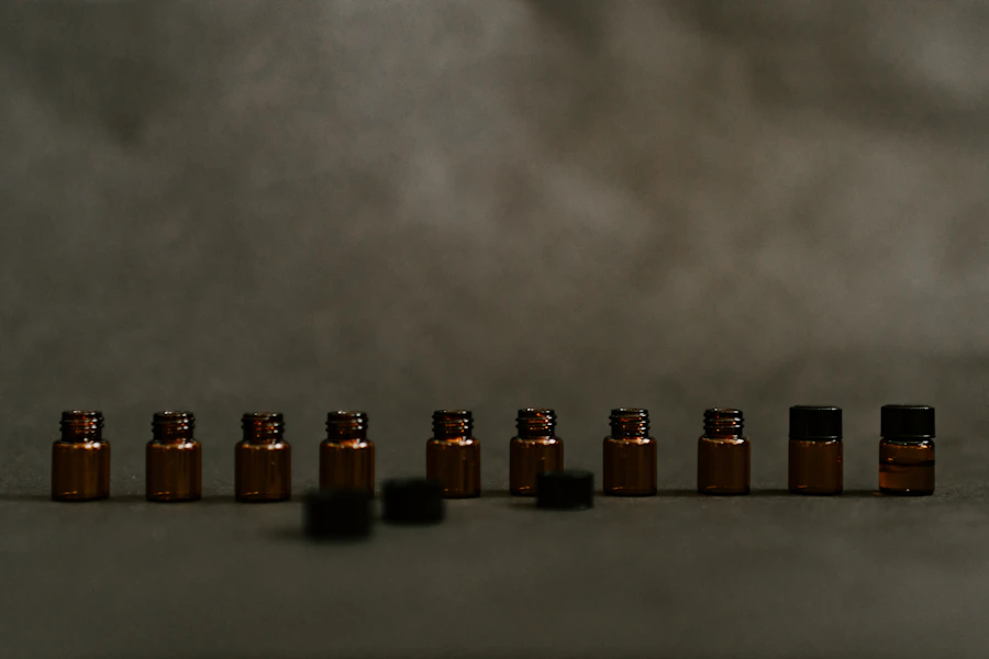 Amber dropper bottles of essential oil blends with botanical sprigs