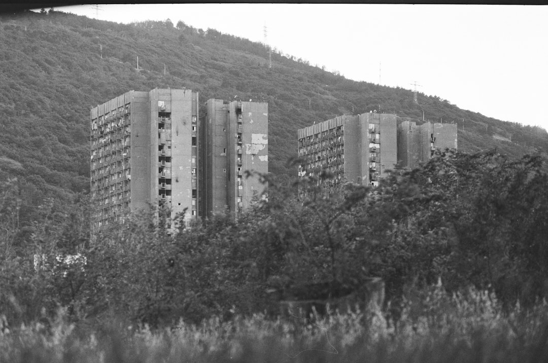 two building grey-scale photography