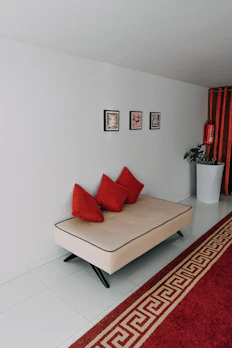 Compact storage bench with cushions in a small urban living room