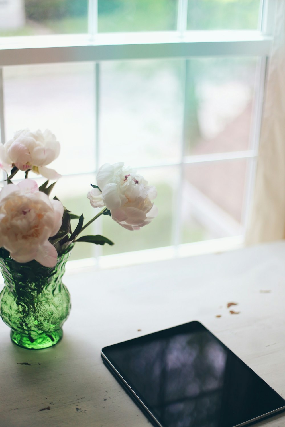 shallow focus photo of white flowers beside black tablet computer