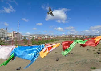 Close-up of a blue skirt fluttering in the wind against a city backdrop