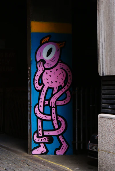 A pink monster mural in Aberdeen
