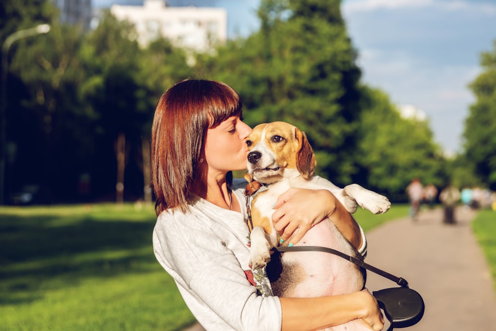 shallow focus photo of woman kissing brown and white dog