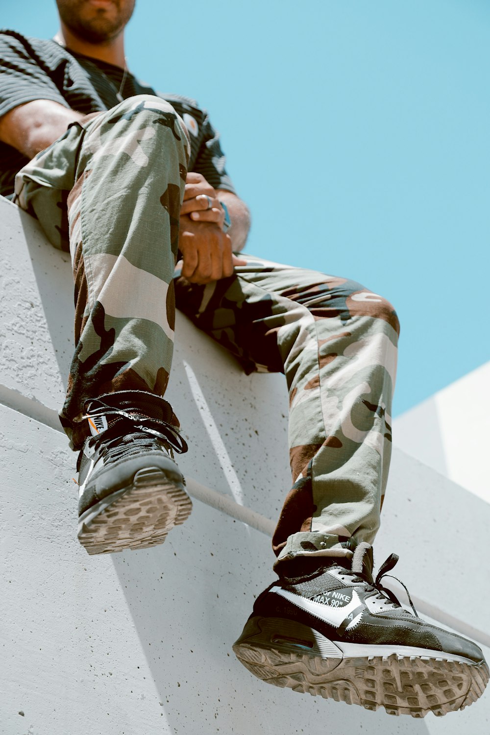 shallow focus photo of man in woodland camouflage pants
