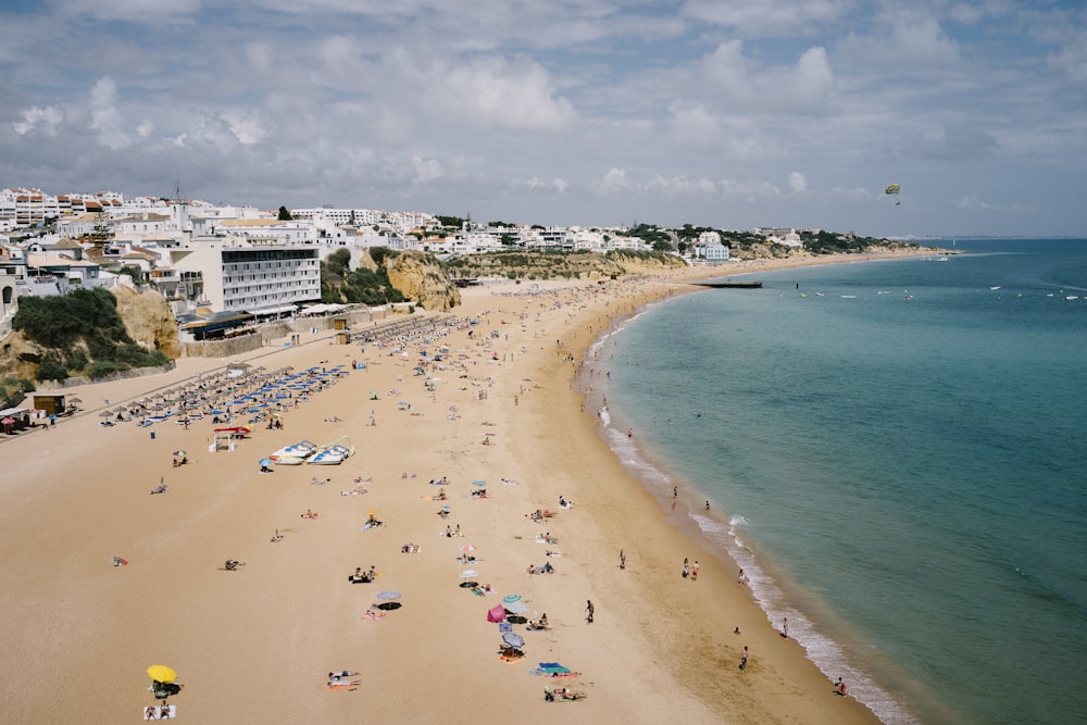 personnes sur le rivage sous un ciel nuageux