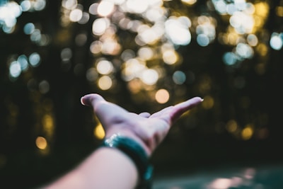 Soft focus image of a comforting hand reaching out over a misty forest background.