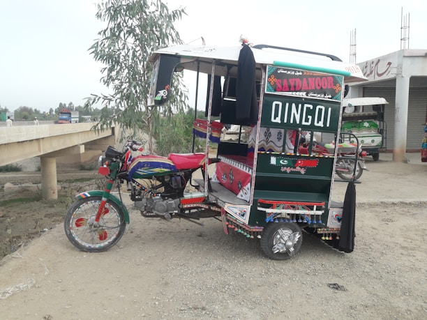 A vibrantly painted three-wheeled vehicle, known as a Qingqi rickshaw, is parked on a gravel surface. It features colorful designs and patterns with shades of red, green, blue, and white. The back displays the word 'QINGQI' and local language text. The surroundings include a tree, a partially visible bridge, and a building with rolling shutters.