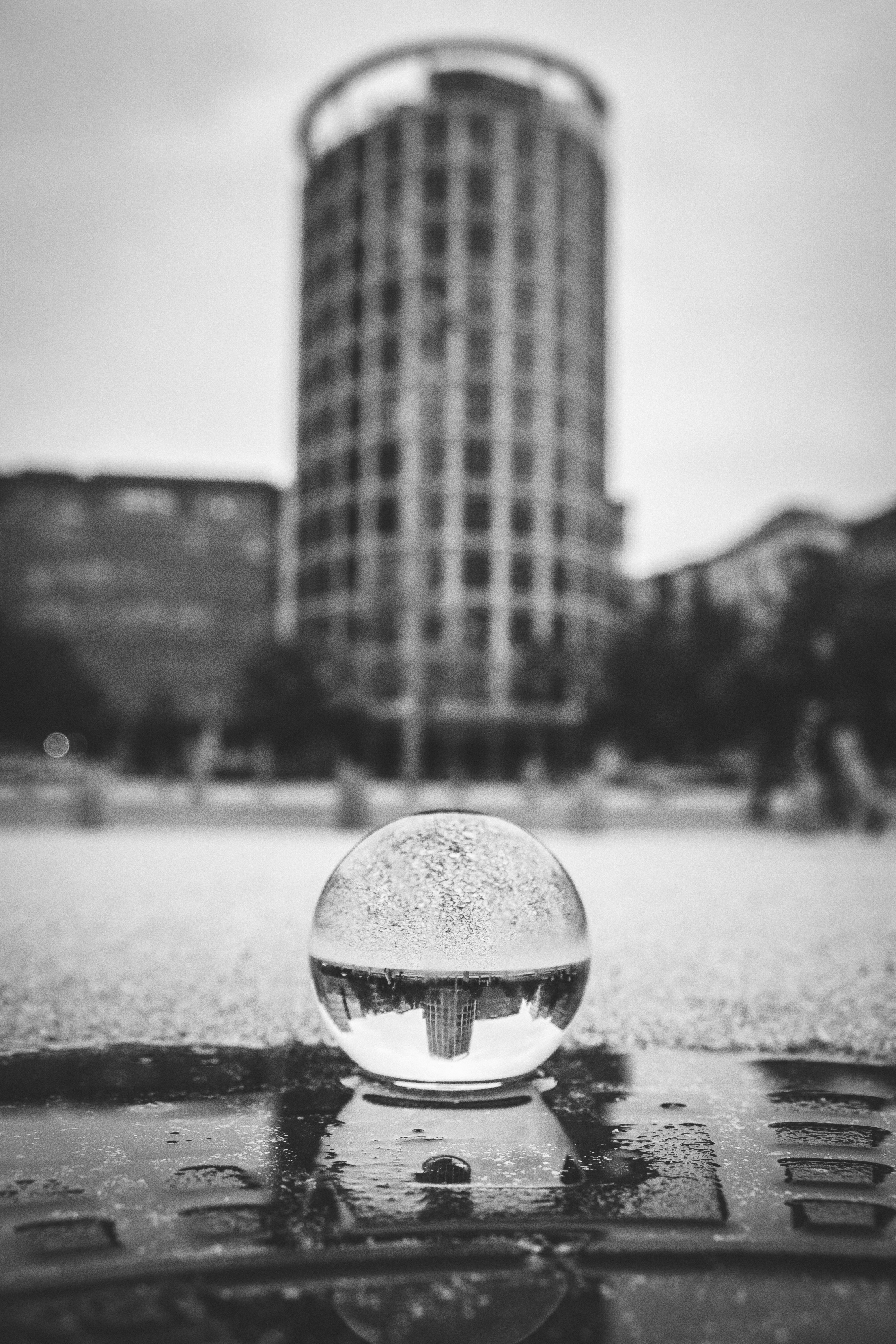 grayscale photo of snow globe