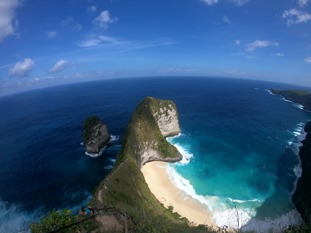 Kelingking cliff on Nusa Penida curving into turquoise water above a white-sand beach