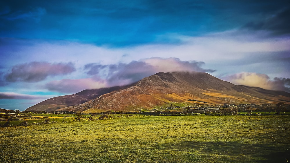 grass field and mountain during day