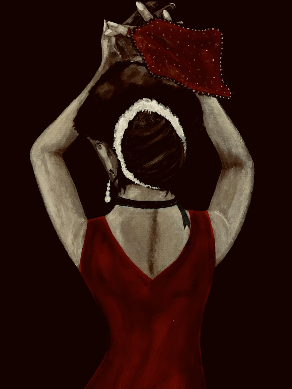 woman in red sleeveless dress painting
