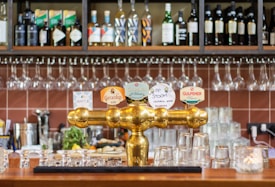 A bar setting featuring a polished gold beer tap with various labeled handles. Behind the bar, there are shelves stocked with bottles of wine and spirits, along with neatly hanging wine glasses. The countertop displays several clean glasses and there are elements of green plants and fruit adding color to the scene.