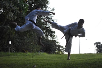 Men training karate in a park.