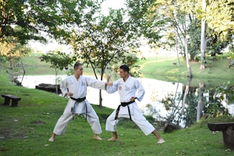 Men training karate in a park.