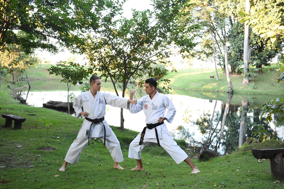 2 karate black belts outside, practicing techniques on each other