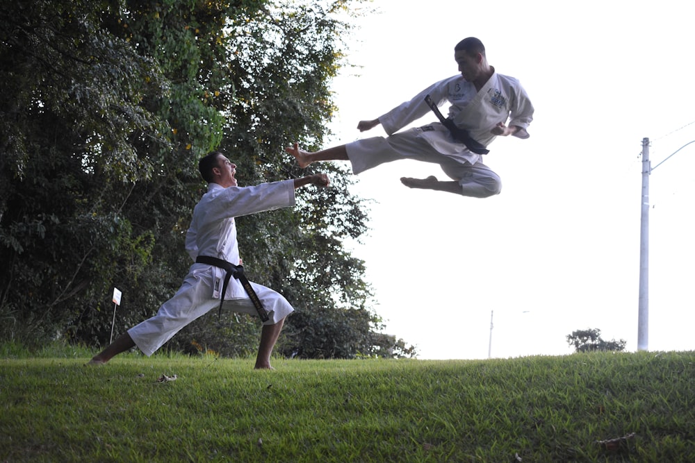 two men doing karate on green grass field