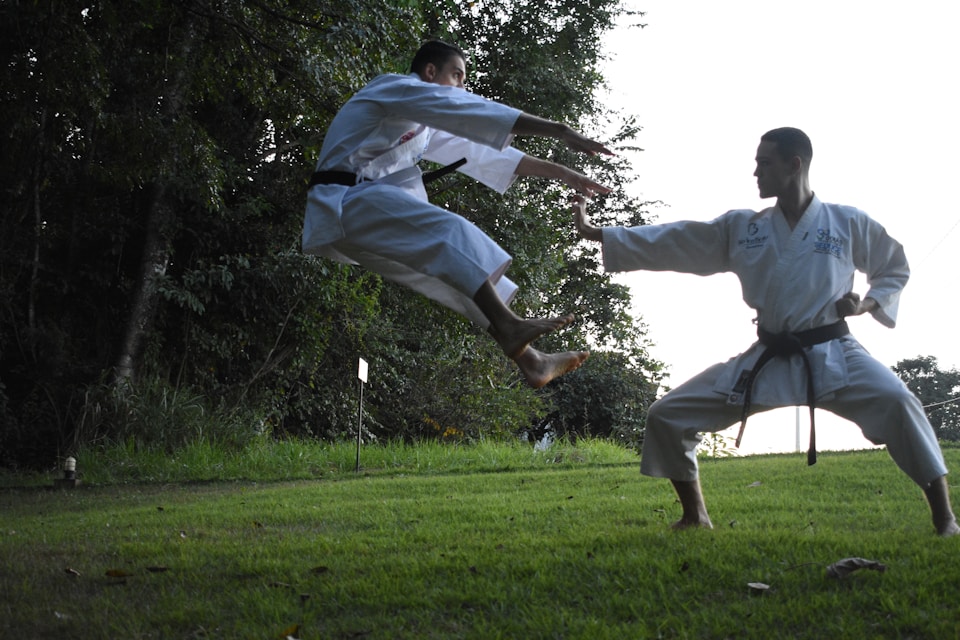 Stock image of two karate students practicing fighting techniques on eachother used in a blog about martials arts in Miller Place at Takamine Karate Dojo