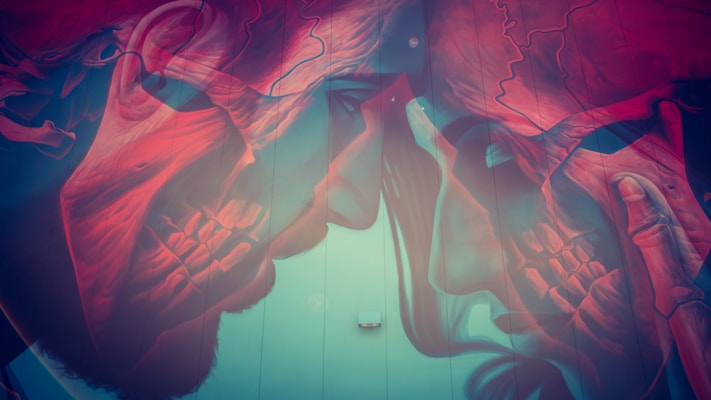 A surreal mural depicts a close-up view of two faces, primarily focusing on the skull and bone structure beneath the skin. The artwork features a fusion of human and anatomical elements with vibrant red and blue hues, conveying a sense of introspection and emotional depth.