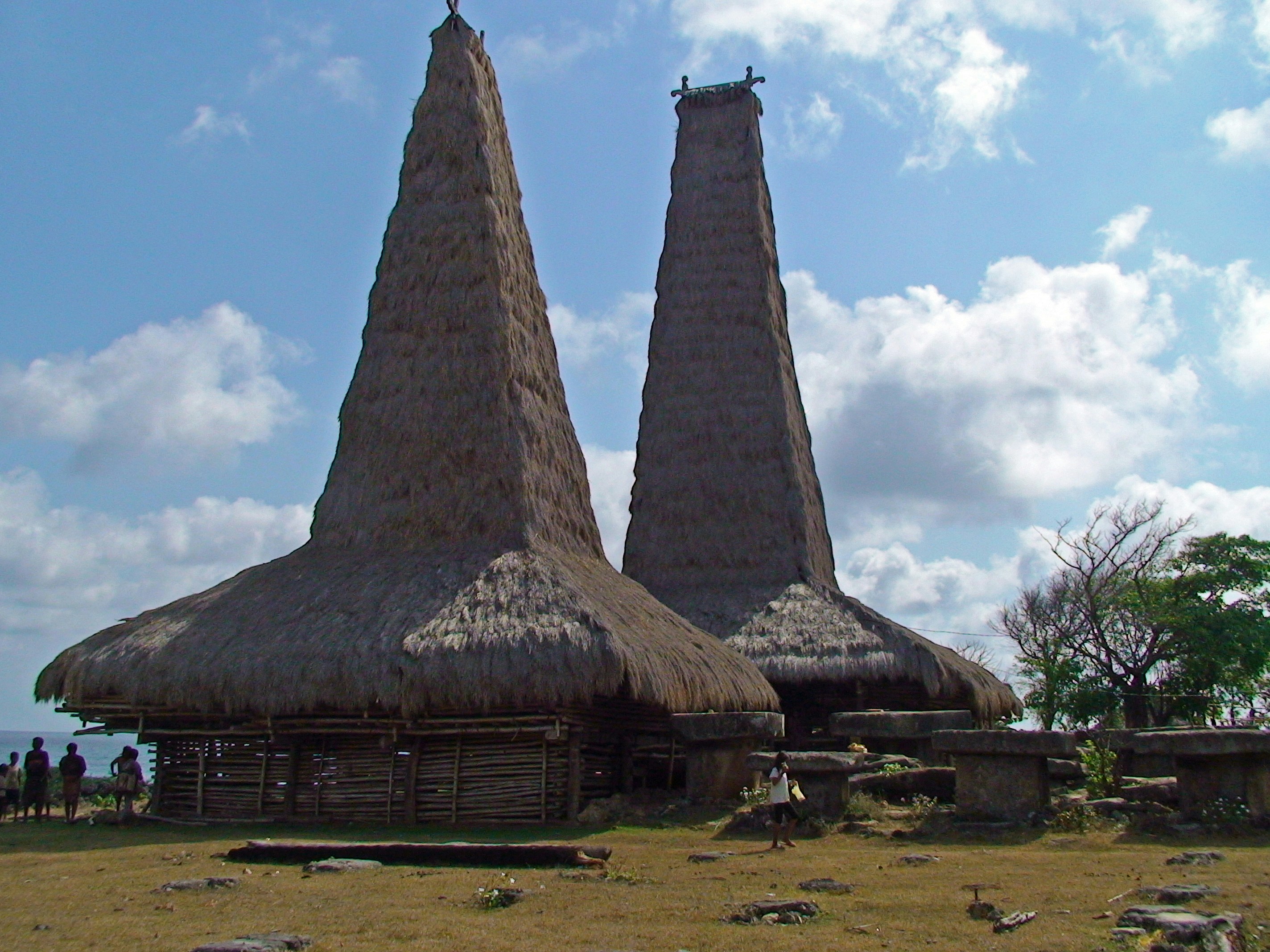 people standing near two brown cottages