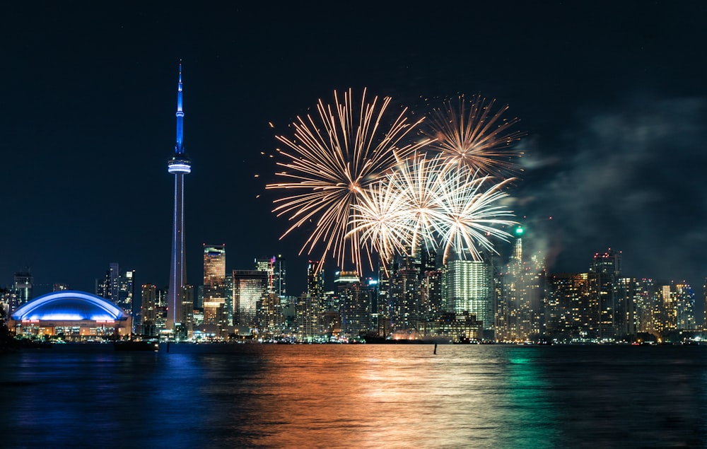 fireworks at the city during night