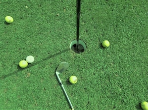 six golf balls near hole and one golf club