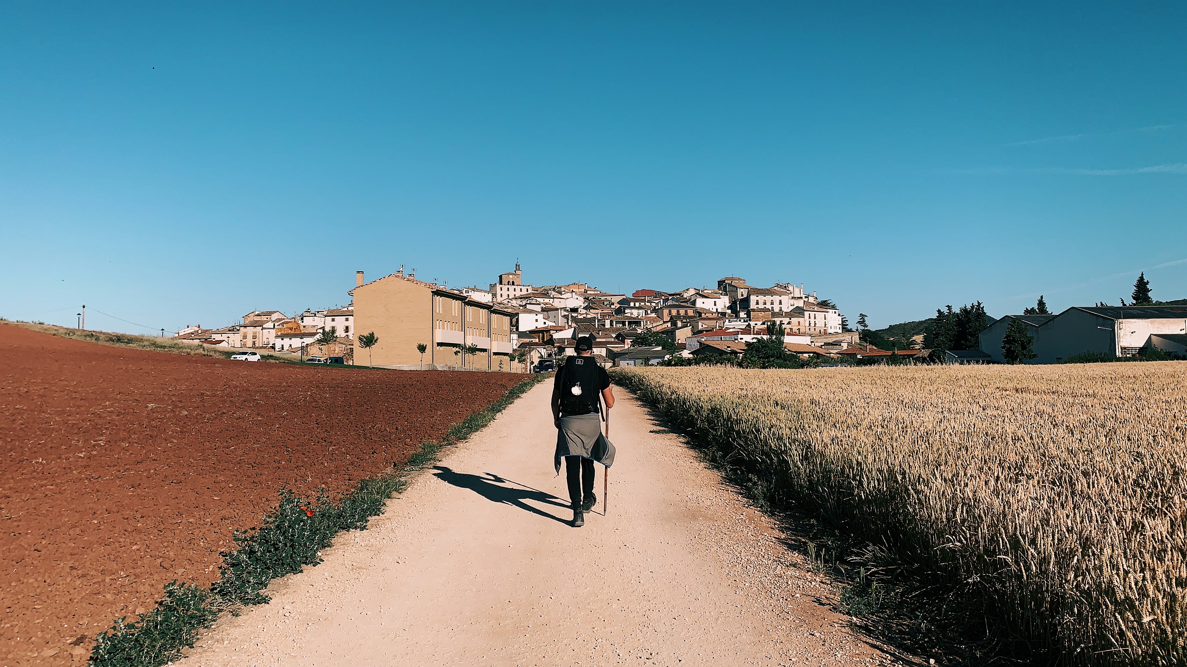 person in black shirt walking on dirt road between fields pilgrim teams background