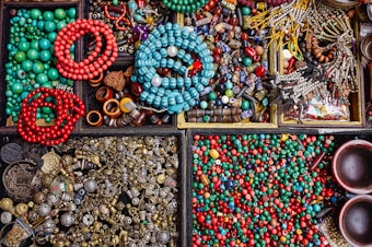A collection of various beads and small trinkets arranged in compartments. The beads range in colors from vibrant reds and blues to greens, showcasing different shapes and sizes. There are also metal charms and decorative items mixed in. Some compartments contain strings of beads, while others have loose pieces. The overall display is colorful and intricate.