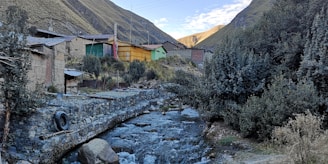 A small, rustic village is nestled in a narrow valley surrounded by tall, grassy mountains. Several simple, colorfully painted buildings are situated along a stone-lined creek that flows through the village. Thick bushes and trees grow alongside the creek, adding greenery to the scene.