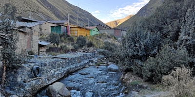 A small, rustic village is nestled in a narrow valley surrounded by tall, grassy mountains. Several simple, colorfully painted buildings are situated along a stone-lined creek that flows through the village. Thick bushes and trees grow alongside the creek, adding greenery to the scene.