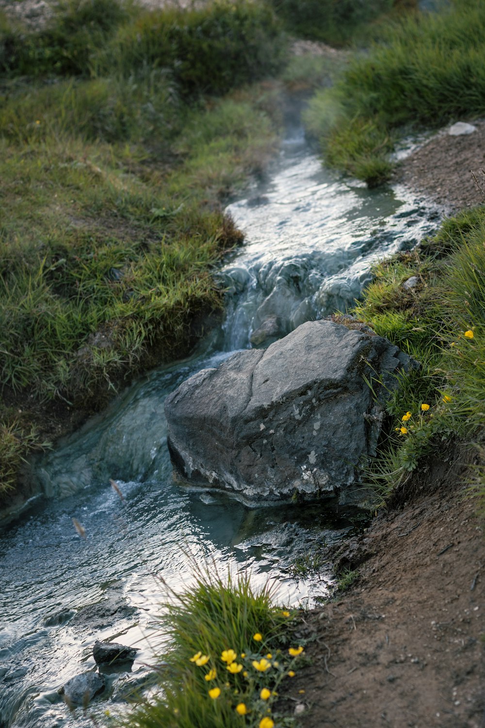 stone on stream of water during daytime