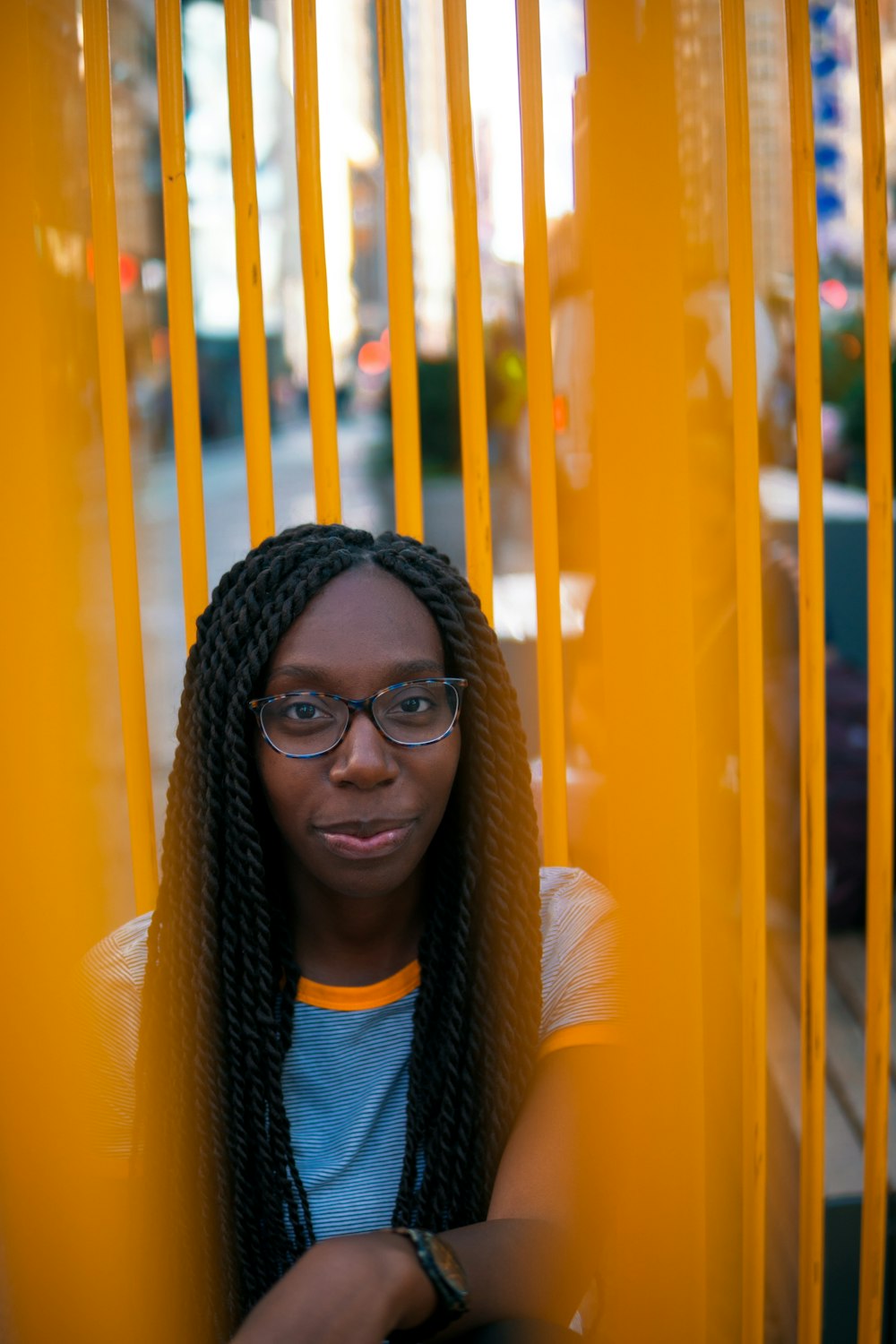 portrait of woman wearing blue crew-neck shirt