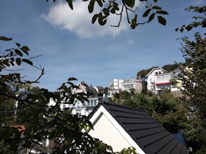 A panoramic view of a newly developed residential neighborhood with modern homes and green spaces under a clear sky.