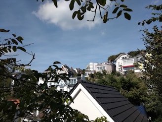 A modern, clean residential area with well-maintained houses and green spaces under a clear blue sky.
