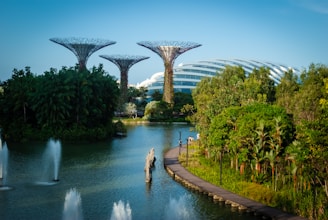 A lush green park with paths winding through vibrant trees and large, tree-like structures. In the background, a modern, dome-shaped building is visible. Water features such as fountains are present in a large pond, and the scene is bathed in warm, late-afternoon sunlight.