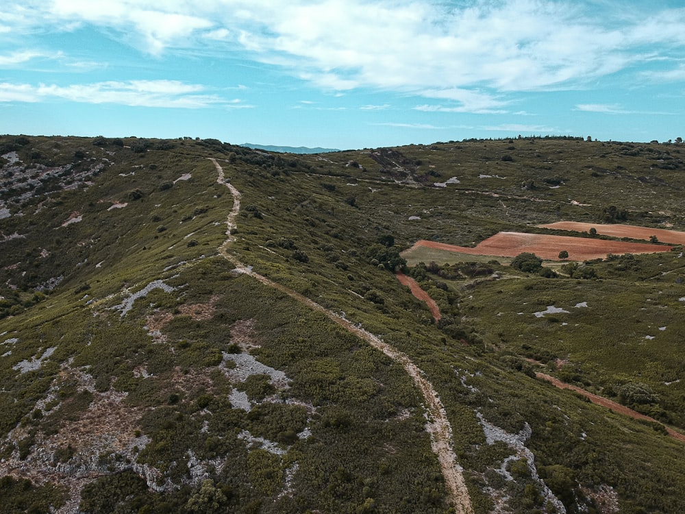 high angle photo of brown road on green mountain