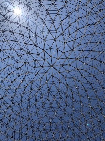 Close-up of a weather dome's structural framework with sunlight filtering through.